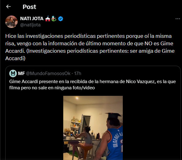 Tweet de Nati Jota sobre Gime Accardi y Nico Vázquez
