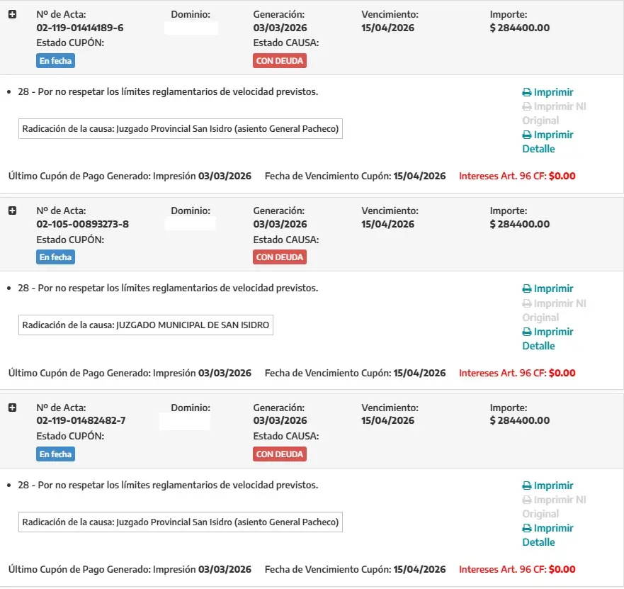 Lista de multas de Ernestina Pais