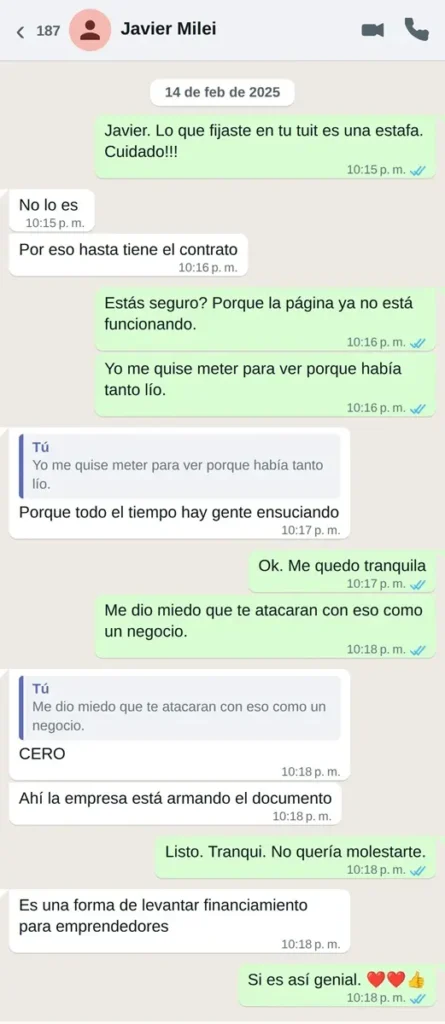 Chat de Nancy Pazos con Javier Milei