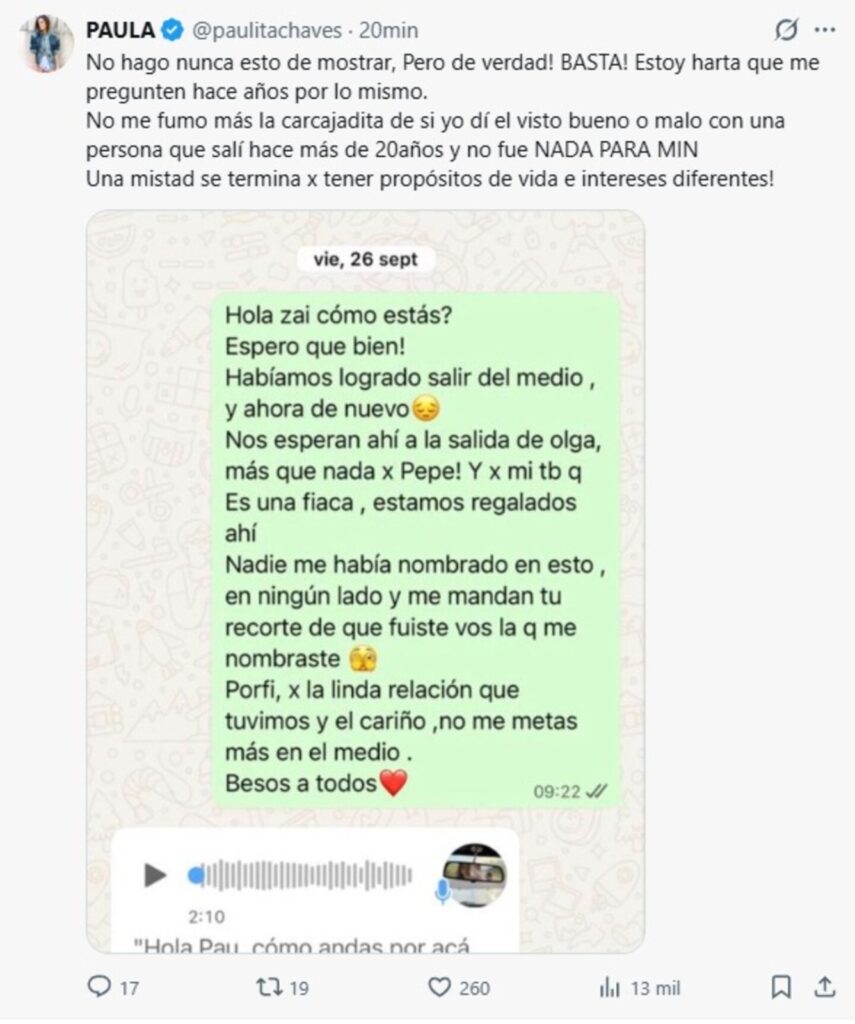 Mensaje de Twitter de Paula Chaves