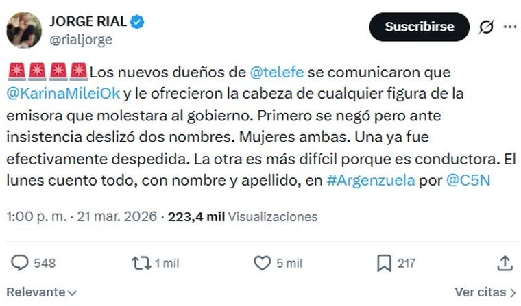 Tweet de Jorge Rial 