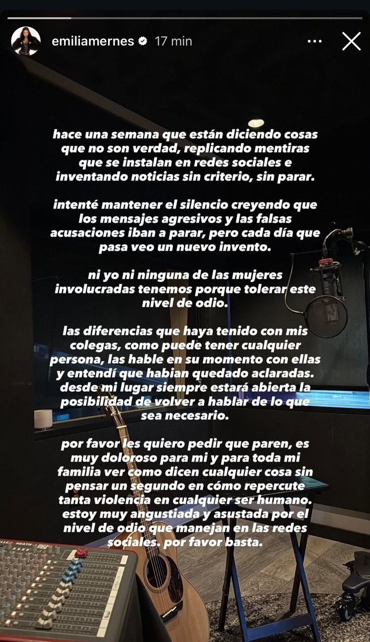 Descargo de Emilia Mernes en Instagram