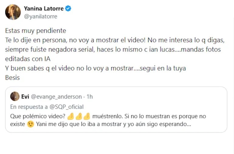 Tweet de Yanina Latorre contra Evangelina Anderson