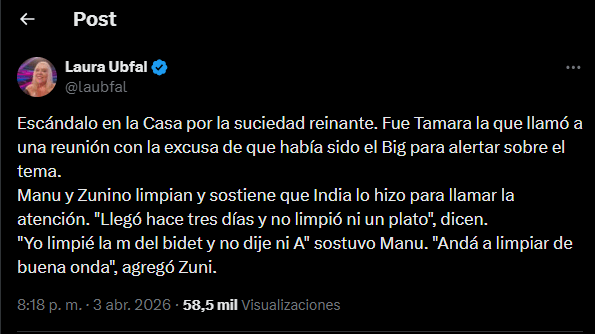 Tweet de Laura Ubfal sobre Gran Hermano