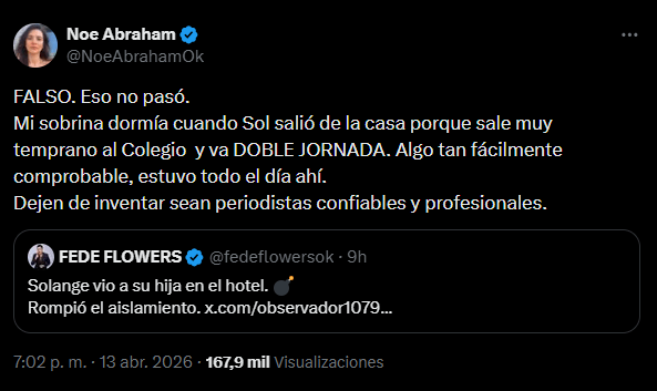 La familia de Sol Abraham negó que haya roto el aislamiento