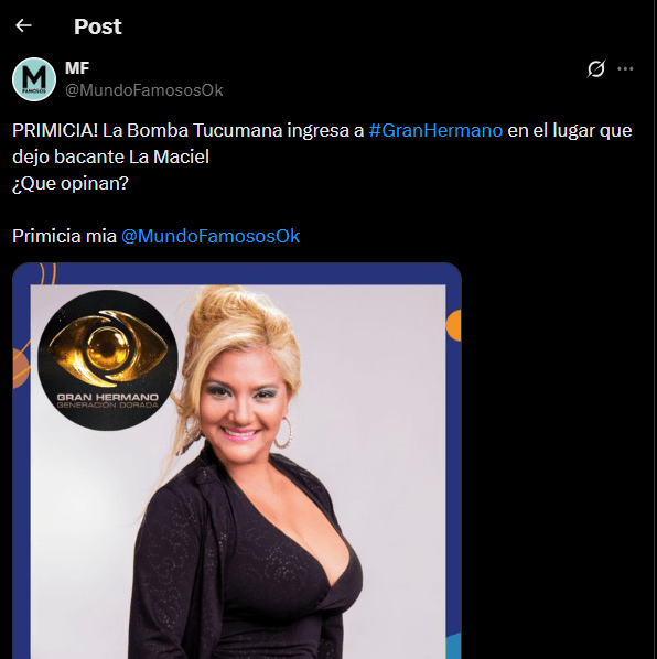Gladys “La Bomba Tucumana” ingresaría a Gran Hermano
