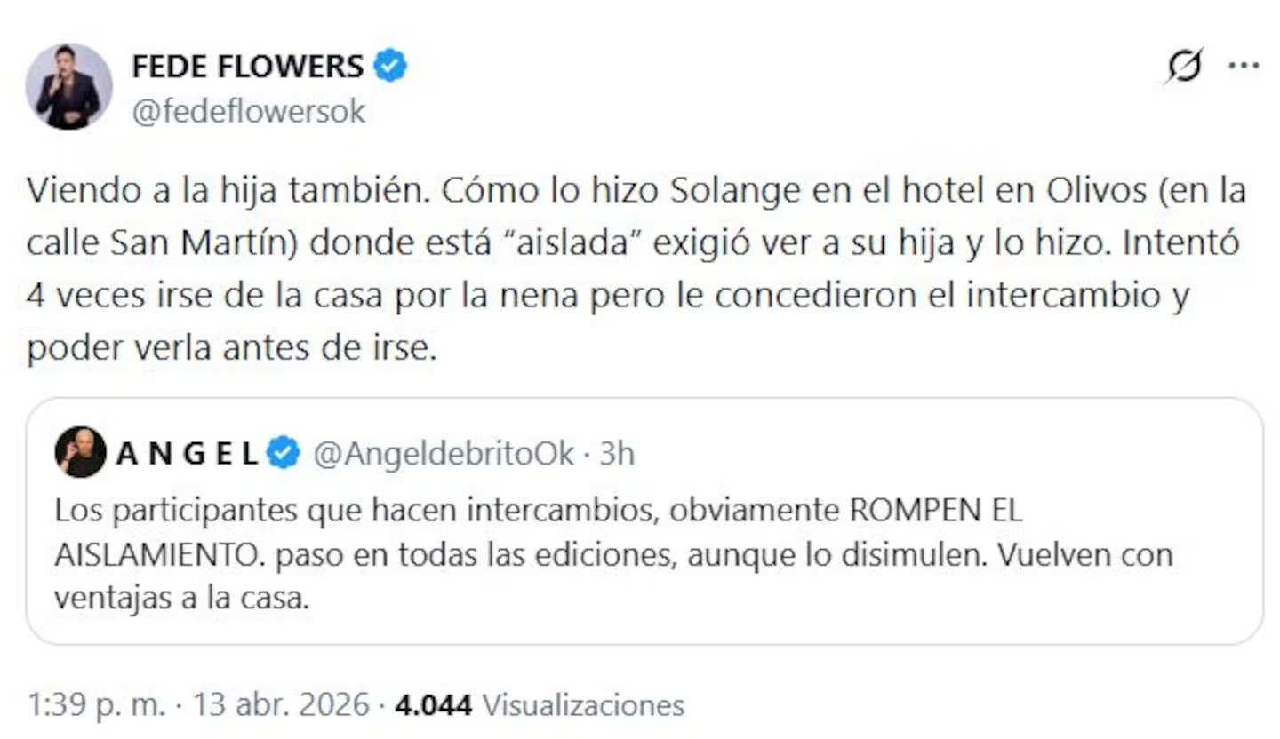 Tweet de Fede Flowers sobre el aislamiento de Sol Abraham