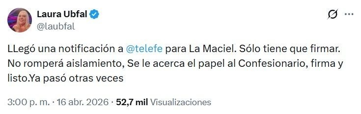 Laura Ubfal contó que notificaron legalmente a La Maciel