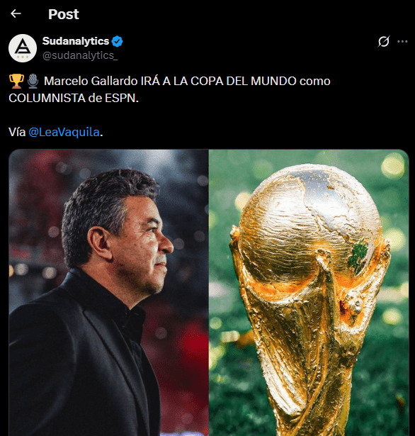 Marcelo Gallardo será columnista en el Mundial 2026