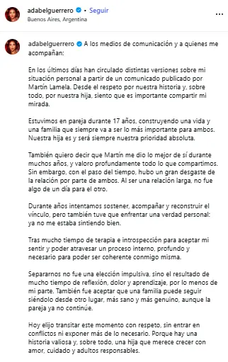 El posteo de Adabel Guerrero