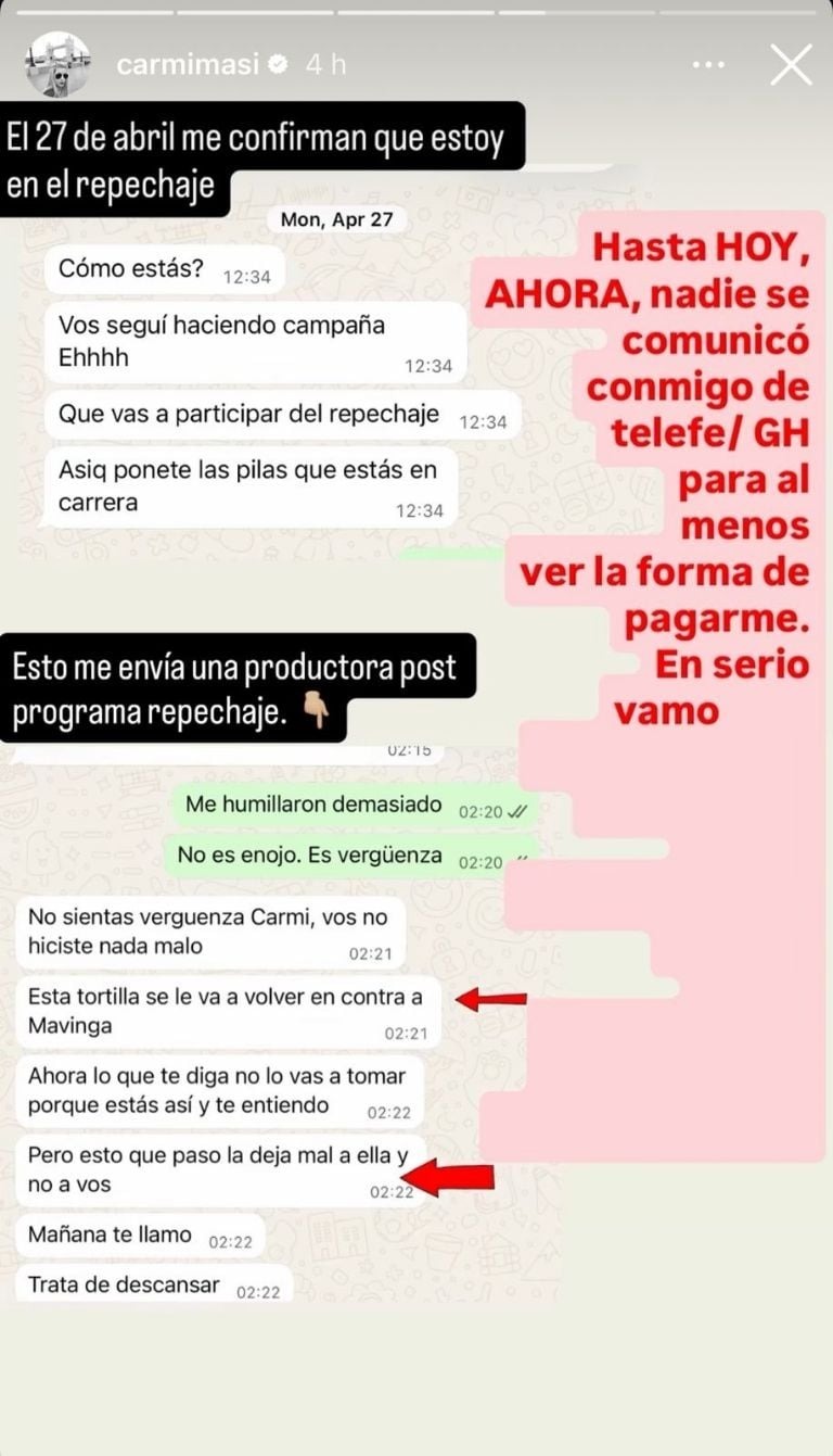 Carmiña Masi expuso los mensajes con un productora de Telefe