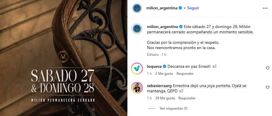 El posteo del restaurante Milión tras la muerte de Ernestina Pais