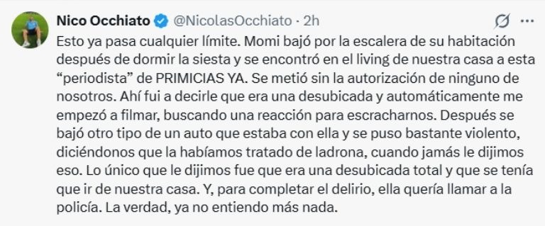 El descargo de Nicolás Occhiato tras el episodio con una periodista en Miami