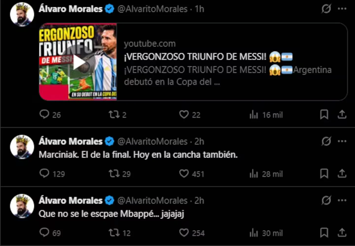 Alvaro morales cuestiono el triunfo de argentina y los goles del diez foto captura de pantalla HX4VS7KQKNECLHVWA5BMDNNWIA