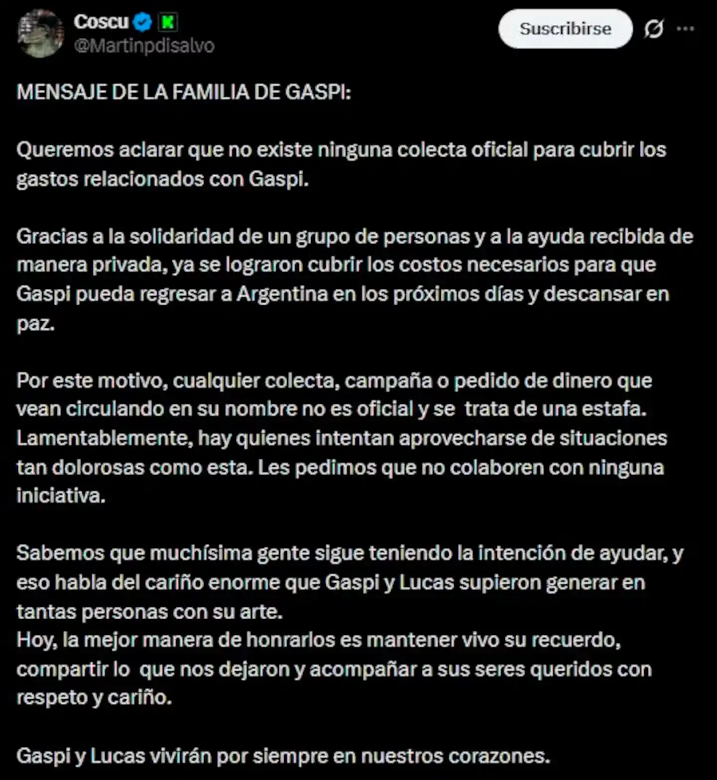 El comunicado de la familia de gaspi difundido por coscu captura de x VDP3EXSW75GJXOVATN2QYRRXL4