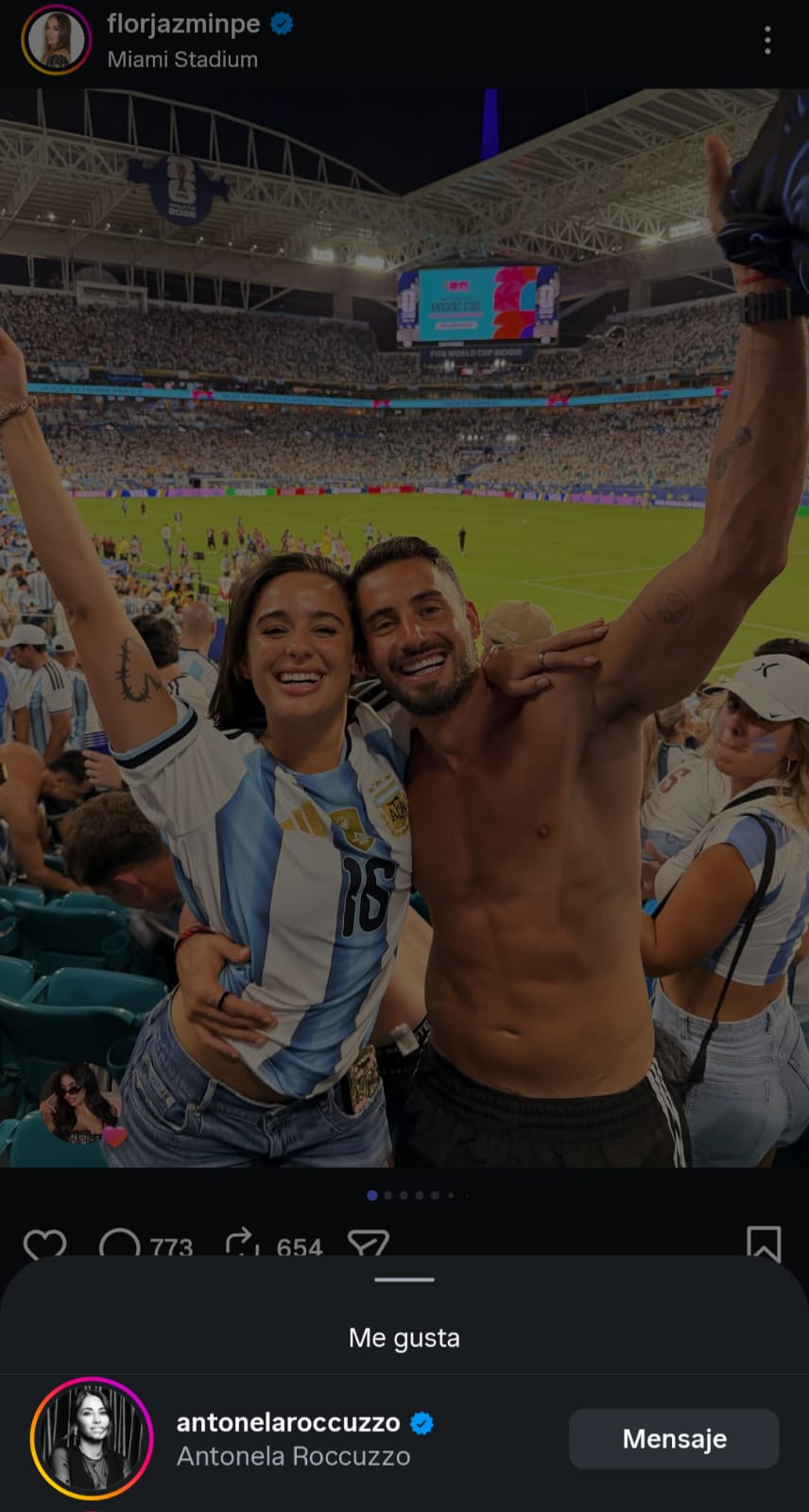 El me gusta de Antonela Roccuzzo para Flor Jazmín Peña y Nico Occhiato