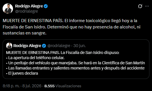El tuit de Rodrigo Alegre sobre el examen toxicológico a Ernestina Pais