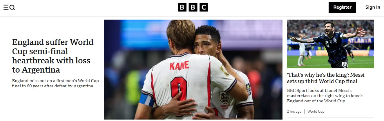 La portada de la página deportiva de la BBC tras el triunfo argentino