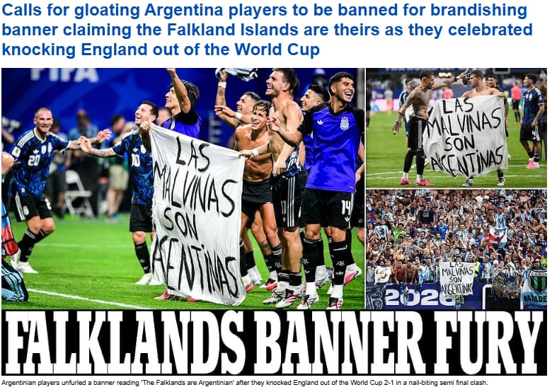 La tapa del Daily Mail cuestionando la bandera de la Selección que sentencia Las Malvinas son argentinas