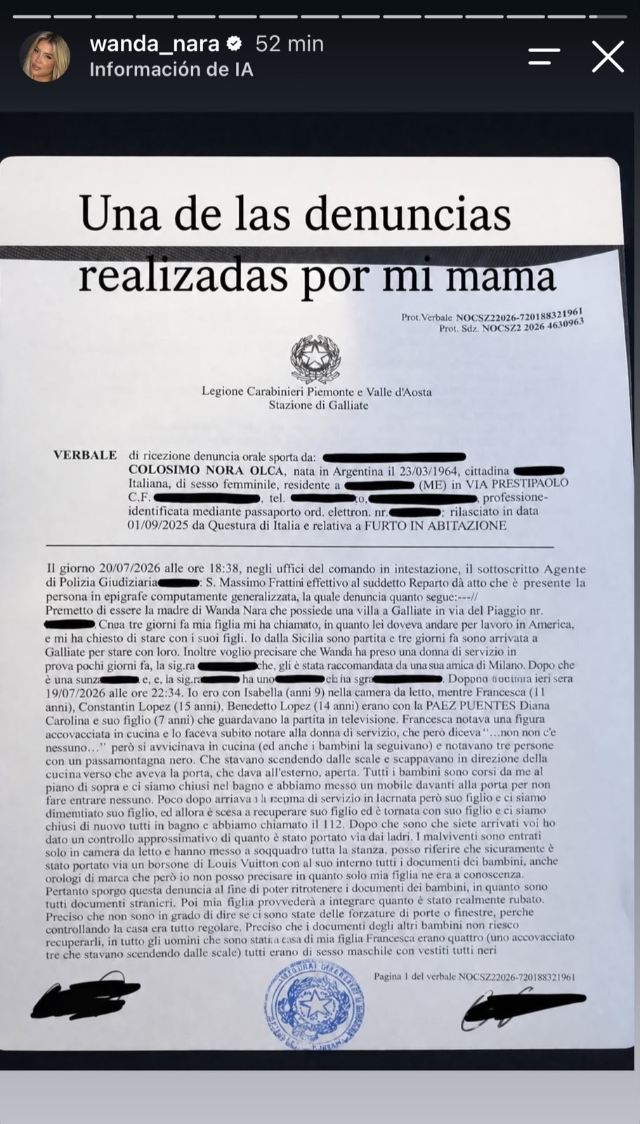1. Wanda Nara mostró la denuncia por el robo en su casa de Italia 