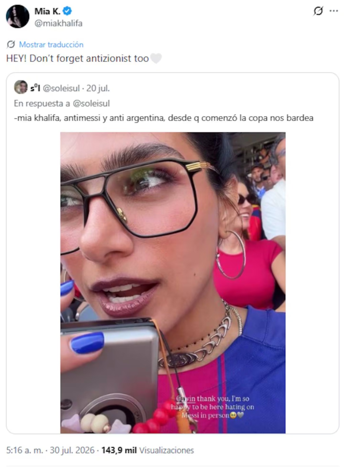 El enojo de Mia Khalifa con Argentina tras en Mundial 2026
