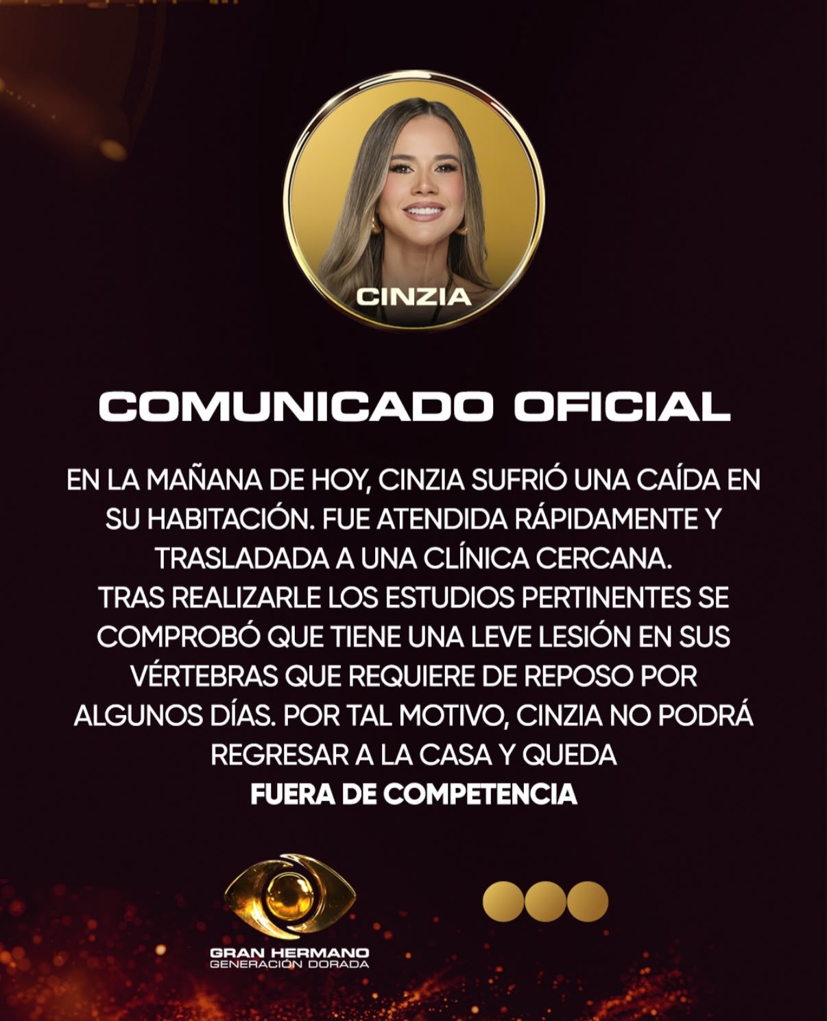 Comunicado de Gran Hermano tras el accidente de Cinzia Francischiello