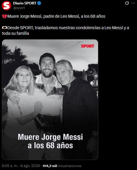 Así comunicó el Diario SPORT, emblema de Barcelona, la muerte de Jorge Messi