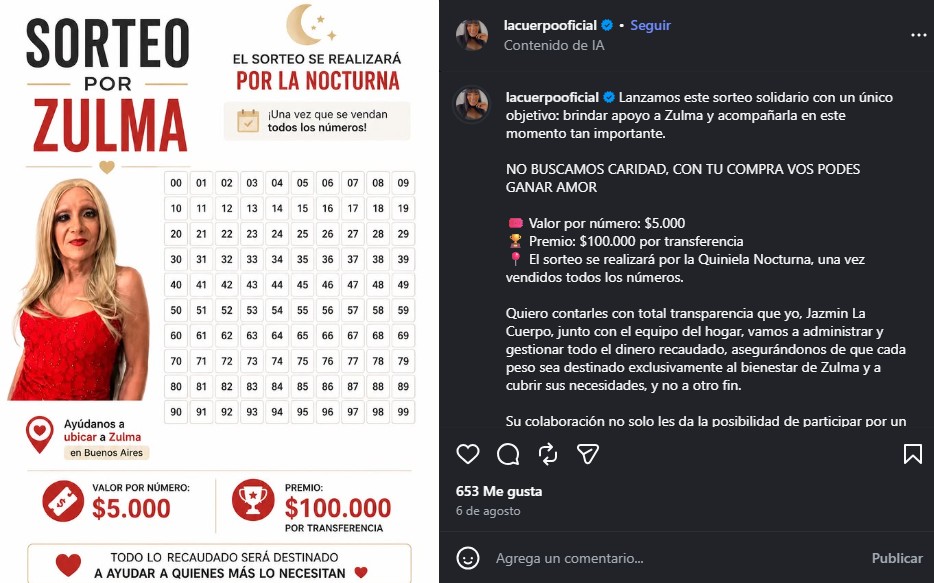 La colecta que hizo Jazmín La Cuerpo que sería para Zulma Lobato