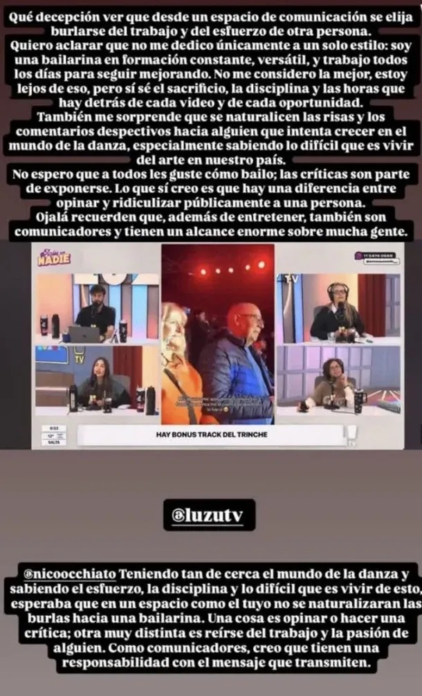 La bailarina de Pasión de Sábado apuntó contra Luzu TV