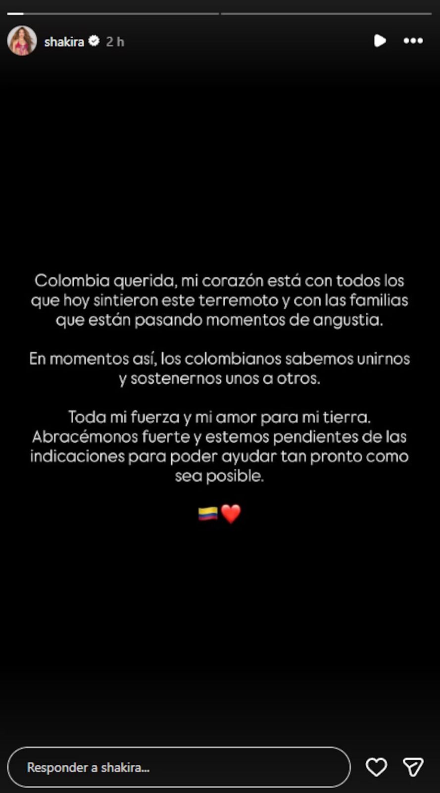 El mensaje de Shakira tras el terremoto de Colombia