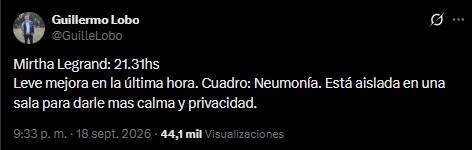 El tuit de Guillermo Lobo sobre la salud de Mirtha Legrand