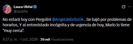 El tuit de Laura Ubfal sobre el plantazo de Ángel de Brito a Mario Pergolini