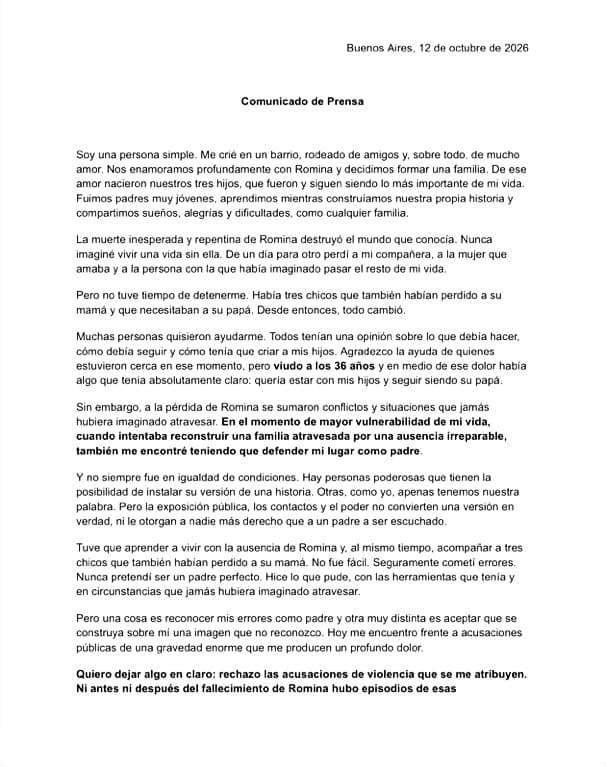 Primera parte del comunicado de Darío Giordano