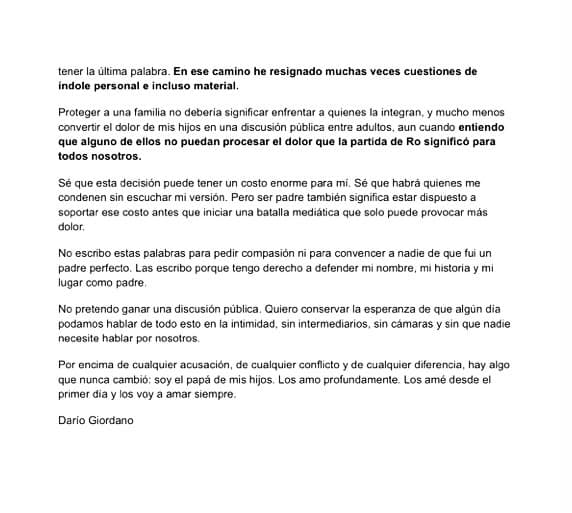 Tercera parte del comunicado de Darío Giordano