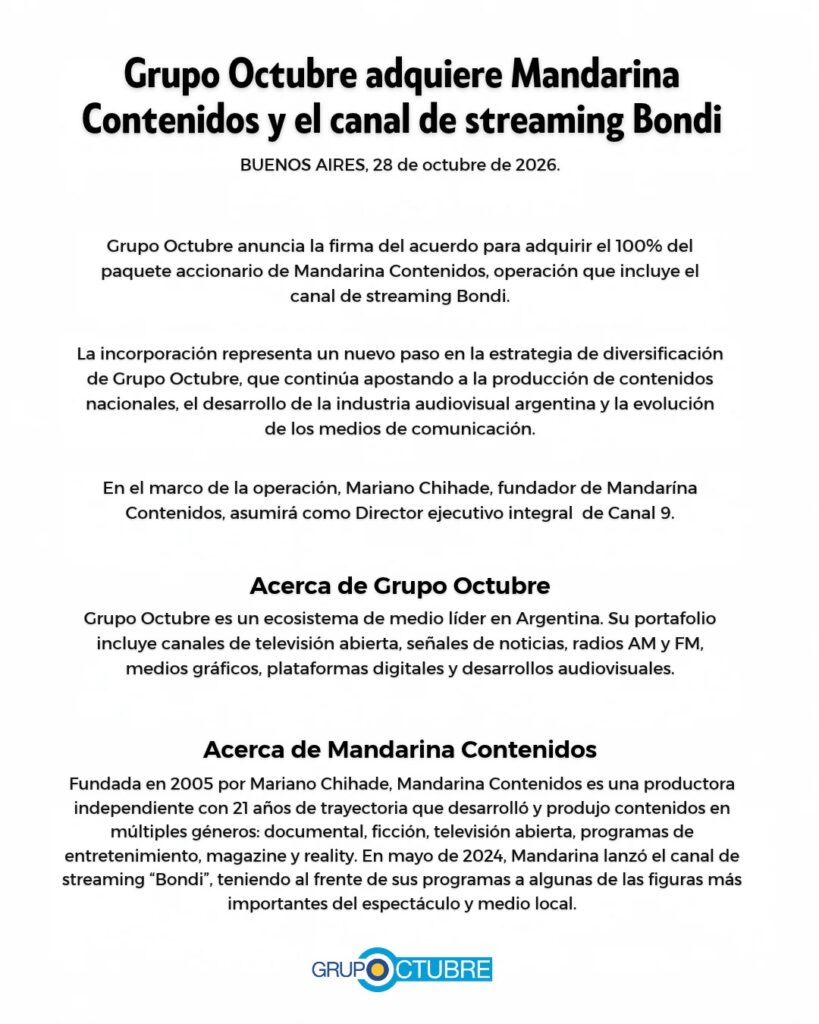 Grupo Octubre adquirió Mandarina Contenidos y Mariano Chihade asume un rol clave